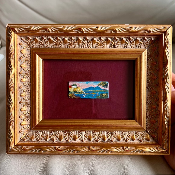 Handmade Oil Painting on a Piano Key Ivory Gold Framed Miniature Landscape Art